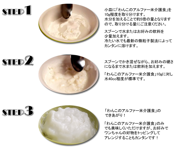 【わんこの介護食】の作り方。 「わんこのアルファー米介護食」のみでも美味しくいただけますが、お好みでワンちゃんの好物をトッピングしてアレンジすることもカンタンです！